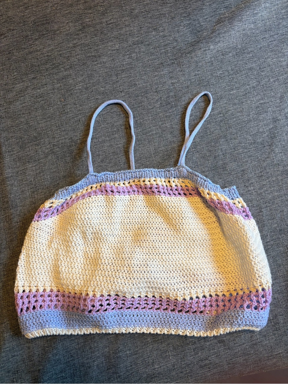 Source Unknown Cream Crochet Crop Top with Lavender and Light Blue Trim